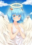  1girl alternate_costume angel_wings bangs bare_arms blue_eyes blue_hair blue_sky blush breasts cloud collarbone commentary_request day dress eyebrows_visible_through_hair fake_halo fake_wings feathered_wings hair_bobbles hair_ornament hands_clasped kawashiro_nitori looking_at_viewer mechanical_wings medium_breasts outdoors own_hands_together rururiaru short_hair sideboob sky sleeveless sleeveless_dress smile solo standing sundress touhou twintails white_dress wings 