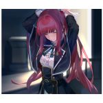  1girl arms_up bangs black_capelet black_jacket blue_ribbon blunt_bangs blurry blurry_background blush breasts capelet center_frills closed_eyes closed_mouth depth_of_field eyebrows_visible_through_hair frills highres houkago_wa_isekai_kissa_de_coffee_wo indoors jacket linaria_(isekai_coffee) long_hair long_sleeves red_hair ribbon shirt sidelocks small_breasts solo standing supertie very_long_hair white_shirt 