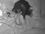  2girls andou_(girls_und_panzer) bangs black_hair blonde_hair blush collarbone dark_skin girls_und_panzer hug kyuusui_gakari lamp long_sleeves looking_at_another lying_on_another medium_hair messy_hair monochrome multiple_girls on_bed oshida_(girls_und_panzer) sweatdrop undressing_another v-shaped_eyebrows yuri 