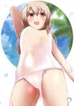  1girl breasts cameltoe commentary_request fate/kaleid_liner_prisma_illya fate_(series) highres illyasviel_von_einzbern kuro_yanagi long_hair open_mouth prisma_illya purple_swimsuit red_eyes school_swimsuit silver_hair small_breasts smile solo swimsuit white_swimsuit 