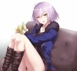  1girl ahoge black_dress black_footwear black_panties blue_coat book boots coat dress fate/grand_order fate_(series) fur-trimmed_coat fur-trimmed_sleeves fur_trim hair_between_eyes holding jeanne_d&#039;arc_(alter)_(fate) jeanne_d&#039;arc_(fate)_(all) jewelry knee_boots long_sleeves necklace open_book open_clothes open_coat open_mouth panties sakaokasan shiny shiny_hair short_dress short_hair silver_hair simple_background sitting solo sweatdrop underwear white_background yellow_eyes 