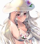  1girl alternate_costume bikini blush breasts cleavage collarbone corrin_(fire_emblem) corrin_(fire_emblem)_(female) fire_emblem fire_emblem_fates fire_emblem_heroes floating_hair flower flower_wreath hair_between_eyes hand_on_head hat hat_flower highres lei lips long_hair medium_breasts panda_inu parted_lips red_eyes silver_hair simple_background smile solo swimsuit upper_body white_background white_bikini white_bikini_top white_headwear 