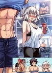  2girls 3boys abs alexander_(fate/grand_order) archer bangs beard breasts character_request commentary dumbbell english_commentary facial_hair fate/grand_order fate_(series) flustered fujimaru_ritsuka_(male) gym gym_shorts hetero jeanne_d&#039;arc_(alter)_(fate) jeanne_d&#039;arc_(fate)_(all) large_breasts mirror multiple_boys multiple_girls muscle peach_(momozen) pectorals red_hair rider_(fate/zero) shirt_lift shirtless short_hair shorts silver_hair sports_bra sportswear tank_top tsurime undressing waver_velvet yellow_eyes 