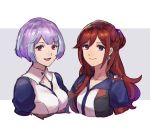  2girls :d alternate_hair_length alternate_hairstyle bangs blue_eyes closed_mouth collarbone cropped_torso earrings eyebrows_visible_through_hair grey_background hair_between_eyes highlights jewelry kaname_buccaneer long_hair looking_at_viewer macross macross_delta mikumo_guynemer multicolored_hair multiple_girls open_mouth purple_hair red_eyes red_hair shimatani_azu smile two-tone_background upper_body very_long_hair white_background 