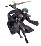  1boy aqua_hair armor bangs black_pants blue_eyes byleth byleth_(male) dagger fire_emblem fire_emblem:_three_houses fire_emblem_heroes full_body gauntlets highres holding holding_sword holding_weapon long_sleeves looking_away male_focus official_art open_mouth pants reverse_grip shiny shiny_skin short_hair solo sword transparent_background weapon 