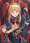  1girl bangs belt blonde_hair blush boots bow bowtie breasts cagliostro_(granblue_fantasy) cape chair cleavage crossed_legs crown eyebrows_visible_through_hair eyelashes gloves gloves_removed granblue_fantasy hinami_(hinatamizu) long_hair partly_fingerless_gloves purple_eyes red_bow sitting solo spikes thighhighs tiara 