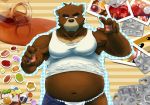  2013 absurd_res anthro belly bottomwear brown_fur clothed clothing detailed_background fundoshi fur hi_res honey humanoid_hands japanese_clothing juuichi_mikazuki male mammal moobs morenatsu navel open_shirt overweight overweight_male pants shirt solo topwear tor@ underwear ursid 