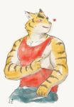  &lt;3 anthro biped blush bulge clothing erection erection_under_clothing eyebrows felid hi_res jeck male mammal morenatsu muscular muscular_male nipples pantherine pecs shirt smile solo tank_top thick_eyebrows tiger topwear torahiko_(morenatsu) undressing 