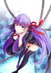  1girl bangs bb_(fate)_(all) bb_(fate/extra_ccc) bent_over black_footwear boots closed_mouth collared_shirt fate/extra fate/extra_ccc fate_(series) floating_hair hair_ribbon highres long_hair neck_ribbon purple_eyes purple_hair red_ribbon ribbon shiny shiny_hair shirt smile solo thigh_boots thighhighs very_long_hair white_background wing_collar yukino030yu_ri zettai_ryouiki 