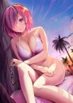  1girl bare_arms bare_shoulders bikini breasts cleavage commentary_request dying_(dying0414) eyewear_removed fate/grand_order fate_(series) glasses hair_over_one_eye large_breasts lavender_hair looking_at_viewer mash_kyrielight open_mouth outdoors palm_tree pink_bikini purple_eyes purple_hair short_hair sitting solo swimsuit tree 