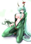  1girl alternate_costume bangs blush bodysuit bow breasts commentary_request covered_nipples ex-keine eyebrows_visible_through_hair g_(desukingu) green_bodysuit green_hair hair_between_eyes hair_censor highres horn_bow horns kamishirasawa_keine large_breasts long_hair looking_at_viewer navel parted_lips red_bow red_eyes seiza shadow sidelocks simple_background sitting solo stomach tail thighs touhou unzipped very_long_hair white_background 