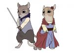  barefoot brown_eyes clothed clothing dress duo female flower flower_in_hair laterose_of_noonvale male mammal martin_the_warrior melee_weapon mouse murid murine novanocturne plant redwall rodent scarf simple_background sword weapon white_background 