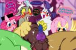  2019 4_fingers animal_genitalia balls blue_eyes blush censor_bar discord_(mlp) draconequus english_text equid equine erection eyewear female fingers fluttershy_(mlp) friendship_is_magic frist44 genital_slit glasses group hi_res horn horse inside knot looking_at_penis male mammal my_little_pony open_mouth penis pinkie_pie_(mlp) pony rarity_(mlp) red_eyes slit speech_bubble spread_legs spreading text unicorn wings 