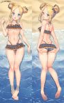  1girl abigail_williams_(fate/grand_order) ass ass_visible_through_thighs back bangs bare_shoulders bikini black_bikini black_bow blonde_hair blue_eyes blush bow breasts collarbone dakimakura double_bun emerald_float fate/grand_order fate_(series) feet forehead frilled_bikini frills hair_bow highres konishi_(565112307) legs long_hair looking_at_viewer miniskirt navel open_mouth orange_bow parted_bangs polka_dot polka_dot_bow skirt small_breasts swimsuit thighs 