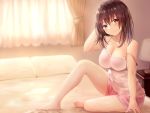  1girl barefoot bed blush breasts brown_eyes brown_hair curtains full_body hand_behind_head highres indoors lamp large_breasts looking_at_viewer medium_hair official_art on_bed pillow pink_shirt pink_shorts shirt shorts smile solo strap_slip sukemyon 
