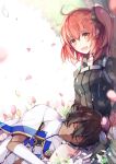  1boy 1girl :d arjuna_(fate/grand_order) breasts brown_hair brown_scrunchie commentary_request dark_skin dark_skinned_male eyebrows_visible_through_hair fate/grand_order fate_(series) fujimaru_ritsuka_(female) gloves hair_between_eyes hair_ornament hair_scrunchie highres hiyunagi long_hair long_sleeves medium_breasts one_side_up open_mouth orange_eyes orange_hair scrunchie short_hair side_ponytail sleeping smile 