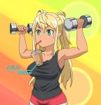  1girl arms_up blonde_hair breasts bubble_tea bubble_tea_challenge danberu_nan_kiro_moteru? dark_skin drink drinking_straw green_eyes highres large_breasts sakura_hibiki_(danberu_nan_kiro_moteru?) shorts solo squatting sweatdrop tan tank_top text_focus translation_request twintails type_x weightlifting 