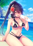  1boy 1girl absurdres azur_lane bare_legs beach bikini black_bikini blush breasts brown_hair censored cleavage cloud cloudy_sky collarbone covered_nipples cum cum_on_body cum_on_breasts cum_on_stomach cum_on_upper_body day disembodied_penis ejaculation eyebrows_visible_through_hair flower hair_between_eyes hair_flower hair_ornament handjob hetero highres horn_ornament light_censor long_hair looking_at_viewer medium_breasts midriff mikasa_(azur_lane) navel noukatu ocean open_mouth orange_eyes palm_tree penis ponytail sidelocks sitting skindentation sky solo_focus speech_bubble string_bikini swimsuit tareme tongue tongue_out tree 