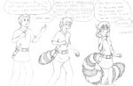  2019 anthro belt breast_growth breasts clothed clothing dagger dialogue english_text female fluffy fluffy_tail gender_transformation hair human human_to_anthro male mammal melee_weapon monochrome mtf_transformation offscreen_character open_mouth pants_down partially_clothed procyonid raccoon sequence short_hair shrinking simple_background solo species_transformation stormpaw surprise tail_growth text transformation weapon white_background 