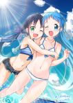  2girls artist_name bangs bikini blue_bikini_top blue_eyes blue_hair blush cloud cloudy_sky collarbone commentary_request green_eyes hair_ribbon hug kantai_collection light_rays long_hair looking_at_viewer multiple_girls navel ocean one_eye_closed open_mouth outdoors ribbon samidare_(kantai_collection) shorts sky smile striped striped_bikini sun sunbeam sunlight suzukaze_(kantai_collection) swept_bangs swimsuit twintails v-shaped_eyebrows very_long_hair white_bikini yokoshima_(euphoria) 