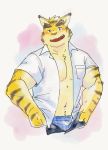  anthro biped blush boxers_(clothing) bulge clothed clothing digital_media_(artwork) eyebrows felid hi_res jeck looking_at_viewer male mammal morenatsu muscular muscular_male open_mouth open_shirt open_smile pantherine pecs smile solo thick_eyebrows tiger torahiko_(morenatsu) underwear undressing 