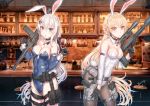  2girls 9a-91_(girls_frontline) absurdres alternate_costume animal_ears bangs bare_shoulders blonde_hair blue_eyes bow bowtie braid breasts brown_legwear bunny_ears bunny_girl bunny_tail bunnysuit cleavage covered_navel dancing_wolf detached_collar english_commentary fake_animal_ears girls_frontline gun hair_between_eyes hair_ornament highres holding holding_gun holding_weapon leotard long_hair looking_at_viewer medium_breasts multiple_girls ots-14_(girls_frontline) pantyhose red_leotard silver_hair star star_hair_ornament tail very_long_hair weapon wrist_cuffs 