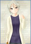  1girl black_pants blue_border blush border brick_wall collarbone eyebrows_visible_through_hair ginnote grey_eyes grey_hair hair_between_eyes idolmaster idolmaster_cinderella_girls looking_at_viewer pants purple_shirt shiomi_shuuko shirt short_hair smile solo white_coat 