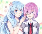  2girls anger_vein artemis_(fate/grand_order) bangs black_shirt blue_hair breasts commentary_request dress eyebrows_visible_through_hair fate/grand_order fate_(series) glasses grey_jacket hair_over_one_eye hiyunagi jacket jewelry large_breasts long_hair looking_at_another mash_kyrielight multiple_girls necklace necktie purple_eyes red_neckwear shirt short_hair smile white_jacket 
