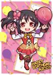  1girl balloon birthday black_hair black_legwear boots character_name chibi commentary_request confetti diamond_earrings earrings english_text full_body happy_birthday heart holding_balloon jewelry leg_up long_hair long_sleeves looking_at_viewer love_live! love_live!_school_idol_project miloku nico_nico_nii red_eyes red_footwear shiny shiny_hair smile solo standing sunny_day_song twintails yazawa_nico 