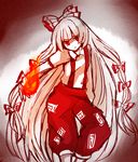  bad_id bad_pixiv_id bow fire fujiwara_no_mokou hair_bow long_hair nisi888 outstretched_arm pants red_eyes solo suspenders touhou very_long_hair white_hair 