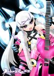  baby_razz busou_shinki doll_joints electric_guitar gloves guitar hair_ornament highres holding holding_instrument holding_plectrum instrument mecha_musume plectrum purple_eyes solo spiked_armlet spiked_thighlet thighlet tsurime tung twintails white_hair x_hair_ornament 