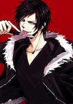  black_hair blood durarara!! fur_trim jacket kaoru knife knife_licking licking male_focus orihara_izaya red_eyes simple_background solo switchblade tongue upper_body 