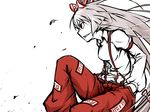  bad_id bad_pixiv_id bow evil_grin evil_smile face fujiwara_no_mokou grin hair_bow hands_in_pockets lie-lilac long_hair ofuda pale_skin pants profile red_eyes silver_hair simple_background smile solo suspenders touhou very_long_hair 