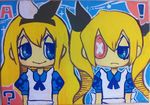  alice_in_wonderland blonde_hair blue_eyes bow emita eyepatch hair_bow multiple_girls twintails 