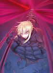  armor armored_dress artoria_pendragon_(all) blonde_hair clawed_gauntlets dark_excalibur dress fate/stay_night fate_(series) perspective saber_alter solo sword weapon yellow_eyes zhen_lu 