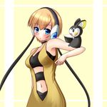  aqua_eyes armpits bare_shoulders blonde_hair blush choker emolga gen_5_pokemon gym_leader headphones kamitsure_(pokemon) navel open_mouth pokemon pokemon_(creature) pokemon_(game) pokemon_bw sumeshi_(4165) 