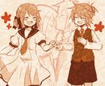  1girl adolescence_(vocaloid) bad_id bad_pixiv_id blush brother_and_sister cendrillon_(vocaloid) closed_eyes forehead_kiss hair_ornament hairclip happy holding_hands kagamine_len kagamine_rin kiss monochrome necktie ryou_(fallxalice) short_hair siblings twins vocaloid 
