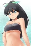  aoinu aqua_eyes black_hair bow breasts fang ganaha_hibiki hair_bow idolmaster idolmaster_(classic) long_hair medium_breasts ponytail shirt solo strapless taut_clothes taut_shirt tubetop underboob 