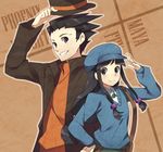  1girl alternate_costume ayasato_mayoi bag black_hair blue_eyes blush cabbie_hat commentary cosplay english grin gyakuten_saiban hair_bobbles hair_ornament hand_on_hip hat hat_tip height_difference hershel_layton hershel_layton_(cosplay) long_hair luke_triton luke_triton_(cosplay) naruhodou_ryuuichi orange_shirt outline professor_layton professor_layton_vs._gyakuten_saiban purple_eyes salute shirt shoulder_bag smile sweater top_hat weee_(raemz) 