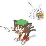  :3 :p animal_ears blush_stickers cat_ears cat_tail cat_teaser cattail chen chibi earrings fox_tail hat jewelry multiple_girls multiple_tails o_o plant short_hair tail tears tongue tongue_out touhou translated waving yakumo_ran yunkaasu_(kakushiaji) |_| 