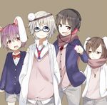  :t animal_ears bad_id bad_pixiv_id black_hair blue_eyes blush bow bowtie brown_eyes bunny_ears genderswap genderswap_(ftm) glasses headphones houraisan_kaguya inaba_tewi jewelry multiple_boys necklace necktie open_mouth pun2 purple_hair red_eyes reisen_udongein_inaba scarf short_hair shorts silver_hair smile sweat sweater touhou yagokoro_eirin 