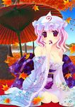  autumn bad_id bad_pixiv_id bare_shoulders breasts cleavage eating food fruit grapes japanese_clothes leaf maple_leaf medium_breasts natsukawa_sarasa obi off_shoulder oriental_umbrella pink_hair purple_eyes red_eyes saigyouji_yuyuko sash solo touhou umbrella 