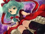  bad_id bad_pixiv_id biyon boots bow cross-laced_footwear dress dress_lift frills front_ponytail green_eyes green_hair hair_bow kagiyama_hina lace-up_boots petticoat ribbon smile solo touhou 