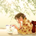  brown_eyes brown_hair chin_rest fish fishbowl goldfish hair_ornament japanese_clothes kimono leaf lying matsurica noda_megumi nodame_cantabile obi on_stomach sash solo water yellow_kimono yukata zanshomimai 