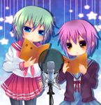  bad_id bad_pixiv_id black_legwear blue_eyes book brown_eyes cardigan chihara_minori crossover green_hair iwasaki_minami kita_high_school_uniform lucky_star microphone microphone_stand multiple_girls nagato_yuki pantyhose pink_neckwear pop_filter purple_hair ryouou_school_uniform saotome_mirai school_uniform seiyuu_connection serafuku short_hair studio_microphone suzumiya_haruhi_no_yuuutsu 