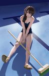  breasts broom brown_eyes brown_hair cleavage empty_pool flip-flops legs medium_breasts minazuki_isami one-piece_swimsuit original pool sandals sitting smile solo swimsuit toes v_arms 