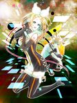  1girl alternate_costume bad_id bad_pixiv_id blonde_hair brother_and_sister colorized dante_itou green_eyes hair_ornament hair_ribbon hairclip headphones highres kagamine_len kagamine_rin kneeling ribbon roshin_yuukai_(vocaloid) siblings thighhighs twins vocaloid 