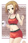  bad_id bad_pixiv_id blush bra brown_hair cup hairband k-on! kyougoku_shin lingerie navel open_mouth panties polka_dot round_teeth short_hair solo tainaka_ritsu teeth underwear underwear_only 