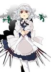  braid highres itou-cyako izayoi_sakuya knife maid maid_headdress pantyhose red_eyes short_hair silver_hair solo touhou twin_braids 