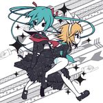  blonde_hair bow glasses green_hair hair_bow hatsune_miku kagamine_rin long_hair mary_janes multiple_girls nigo school_uniform serafuku shoes short_hair very_long_hair vocaloid vocaloid_(lat-type_ver) 